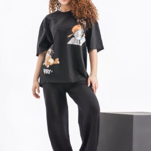 Tom & Jerry Street Vibes Oversized T-Shirt – Black (Front Graphic Design)
