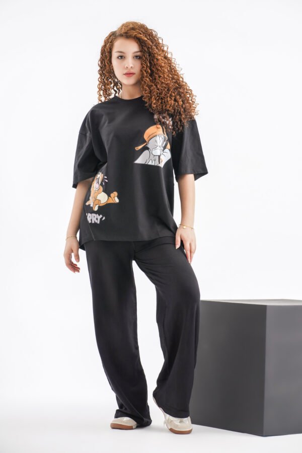 Tom & Jerry Street Vibes Oversized T-Shirt – Black (Front Graphic Design)