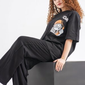 Tom & Jerry Street Vibes Oversized T-Shirt – Black (Front Graphic Design)