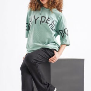 Typography Oversized Hoodie T-Shirt – Sage Green (Front & Sleeve Design)
