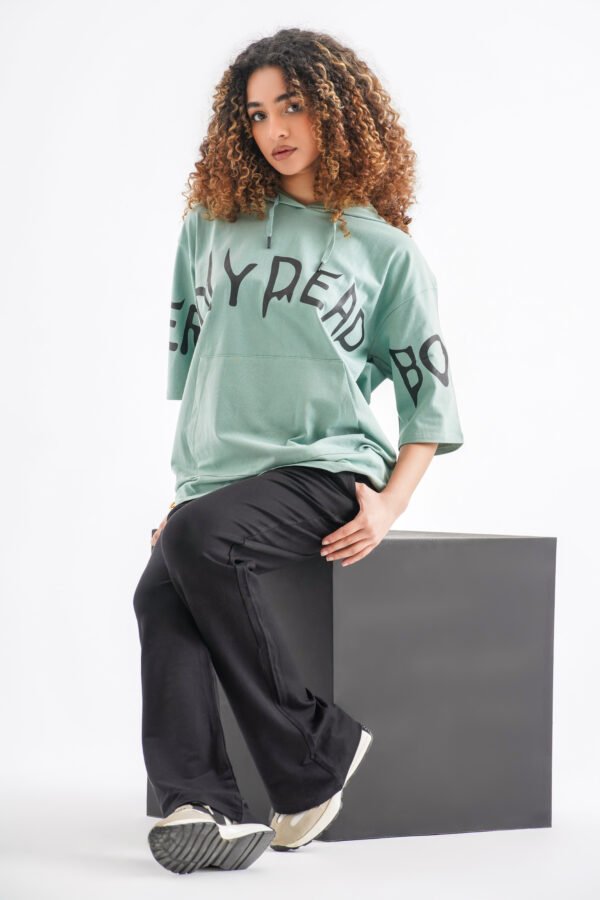 Typography Oversized Hoodie T-Shirt – Sage Green (Front & Sleeve Design)