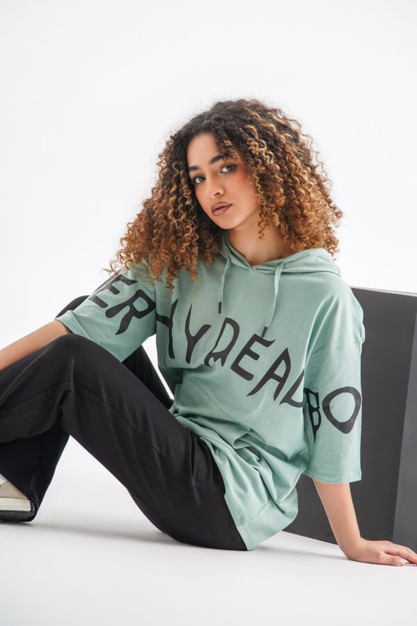 Typography Oversized Hoodie T-Shirt – Sage Green (Front & Sleeve Design) - Image 3