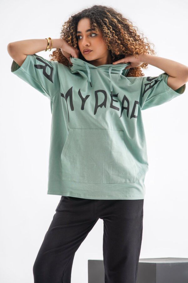 Typography Oversized Hoodie T-Shirt – Sage Green (Front & Sleeve Design) - Image 2