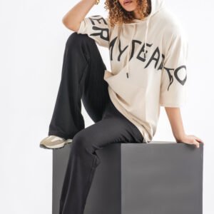 Typography Oversized Hoodie T-Shirt – Light Beige (Front & Sleeve Print)