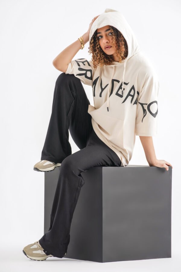 Typography Oversized Hoodie T-Shirt – Light Beige (Front & Sleeve Print)