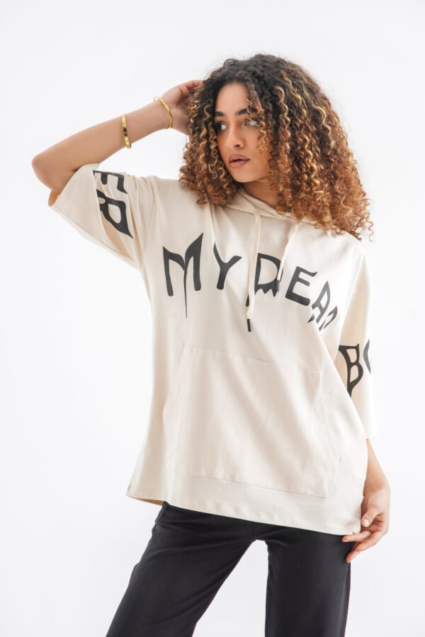 Typography Oversized Hoodie T-Shirt – Light Beige (Front & Sleeve Print) - Image 3