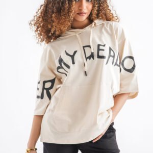 Typography Oversized Hoodie T-Shirt – Light Beige (Front & Sleeve Print)