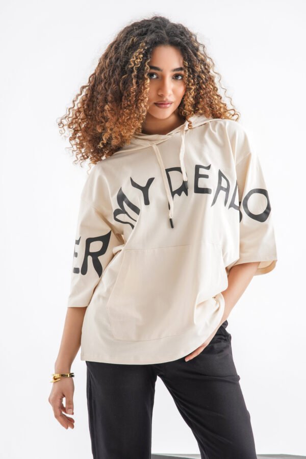 Typography Oversized Hoodie T-Shirt – Light Beige (Front & Sleeve Print) - Image 2