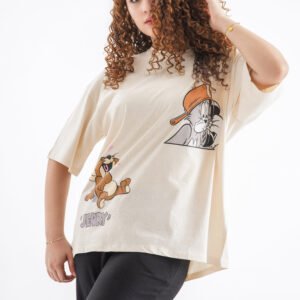 Tom and Jerry Oversized T-Shirt – Light Beige (Front Design Only)
