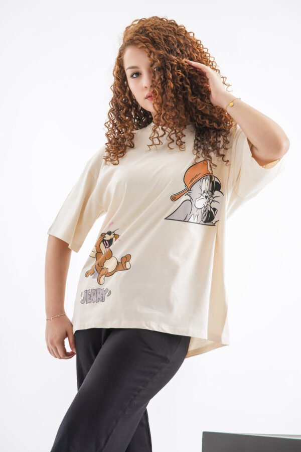 Tom and Jerry Oversized T-Shirt – Light Beige (Front Design Only) - Image 2