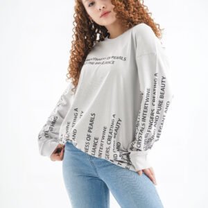 Pearl Essence Long Sleeve Shirt – Light Grey (All-Over Text Print)