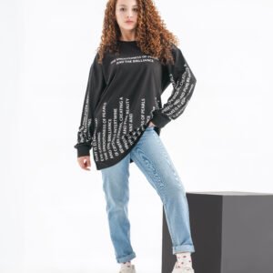 Pearl Essence Long Sleeve Shirt – Black (All-Over Text Print)