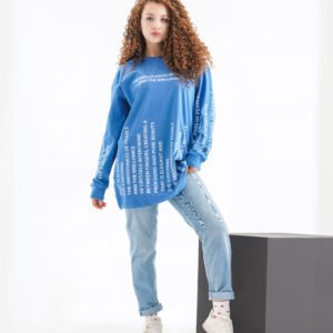 Pearl Essence Long Sleeve Shirt – Deep Blue (All-Over Text Print)