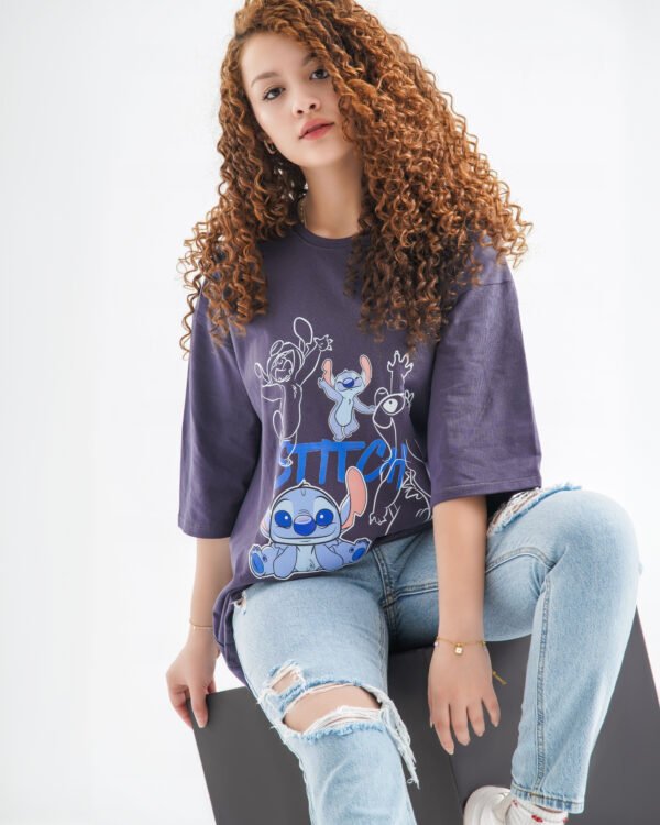Stitch Sketch Oversized T-Shirt – Navy Blue (Front Design) - Image 3