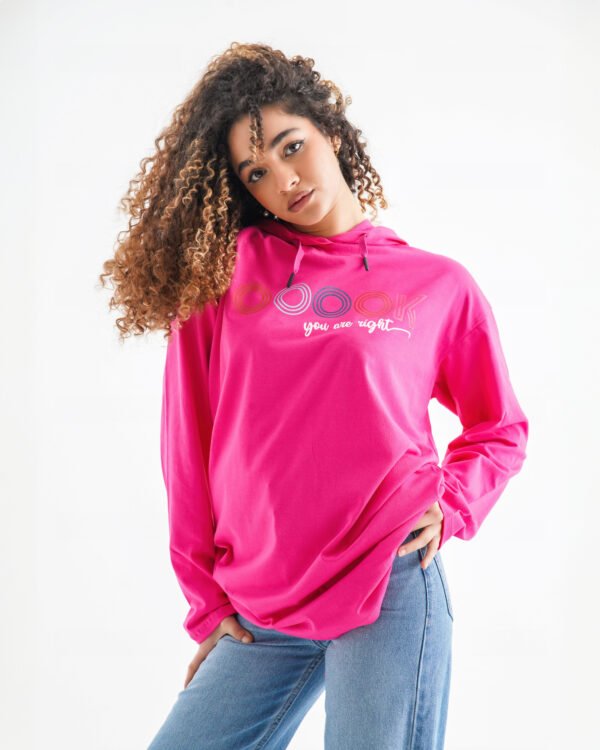 Vibe Script Long Sleeve Hoodie – Hot Pink (Retro Minimal Print) - Image 3