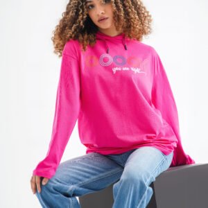 Vibe Script Long Sleeve Hoodie – Hot Pink (Retro Minimal Print)
