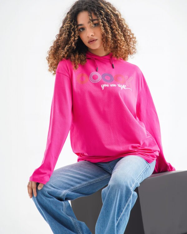 Vibe Script Long Sleeve Hoodie – Hot Pink (Retro Minimal Print) - Image 2