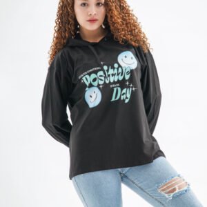 Brightside Long Sleeve Hoodie – Black (Positivity Graphic Print)