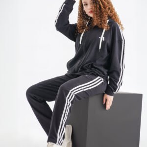 Velocity Stripe Tracksuit Set – Black (Two-Piece Hoodie & Pants)