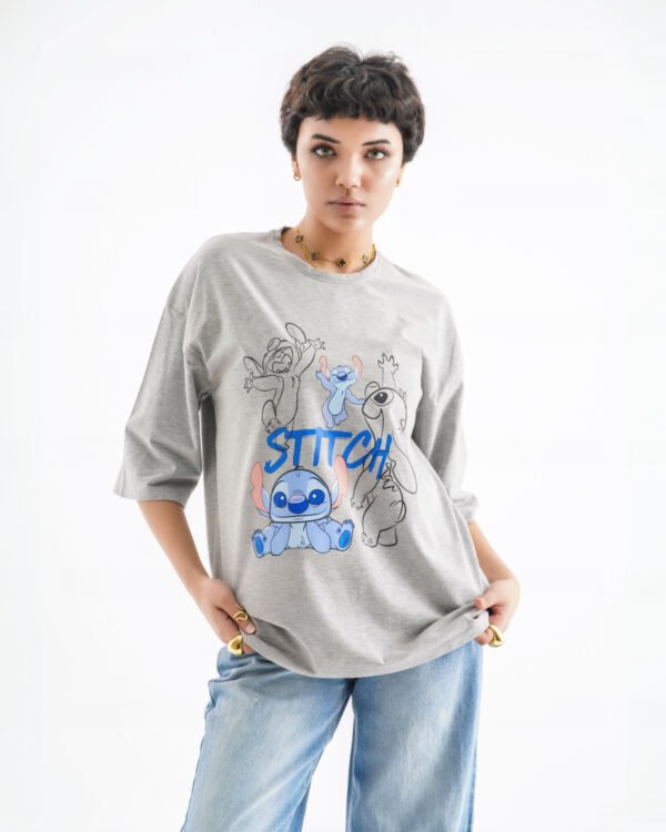 Stitch Oversized T-Shirt – Grey (Front Print) - Image 2