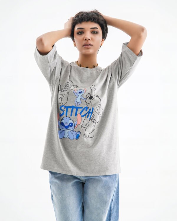 Stitch Oversized T-Shirt – Grey (Front Print) - Image 3