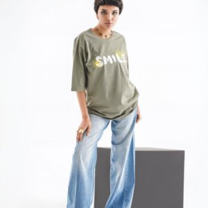 Smile Oversized T-Shirt – Olive Green (Front & Back Design)