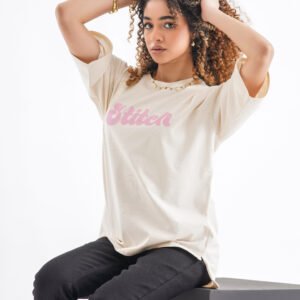 Stitch Oversized T-Shirt – Cream Beige (Front & Back Design)