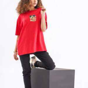 Mickey Mouse Classic Oversized T-Shirt – Bold Red (Front & Back Design)