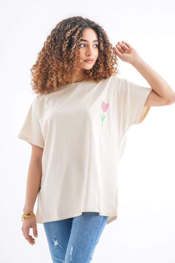 Tulip Oversized T-Shirt – Cream Beige (Front & Back Design) - Image 3