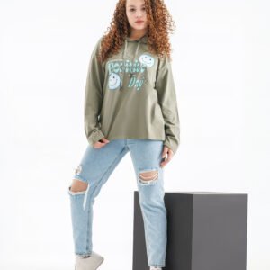 Brightside Vibes Long Sleeve Hoodie – Olive Green (Positive Day Print)