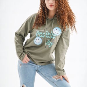 Brightside Vibes Long Sleeve Hoodie – Olive Green (Positive Day Print)