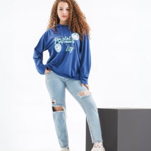 Positive Vibes Long Sleeve Hoodie – Deep Blue (Smiley Graphic Edition)