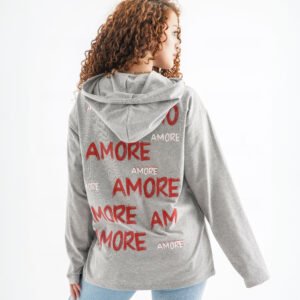 Amore Long Sleeve Hoodie Shirt – Heather Grey (All-Over Text Print)