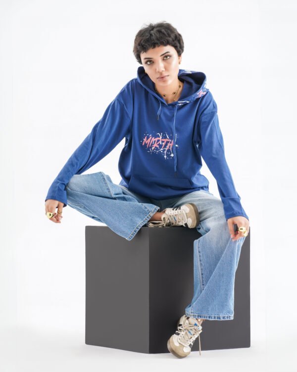 Urban Mirth Long Sleeve Hoodie – Deep Blue (Graffiti Text Print)