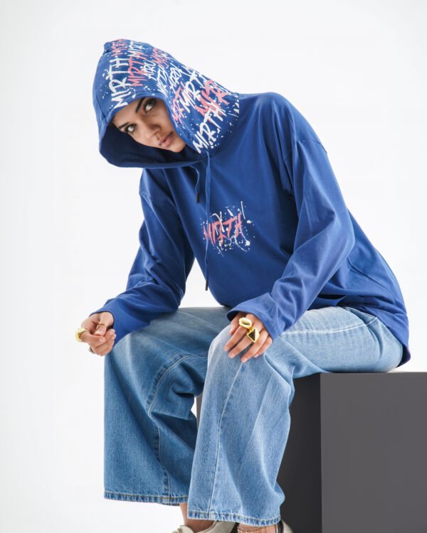 Urban Mirth Long Sleeve Hoodie – Deep Blue (Graffiti Text Print) - Image 3