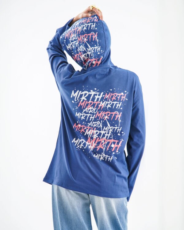 Urban Mirth Long Sleeve Hoodie – Deep Blue (Graffiti Text Print) - Image 2