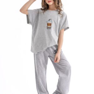 Iced Latte Lounge Set – Heather Grey (Graphic Tee & Pants)