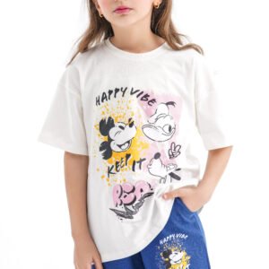 Mickey & Donald “Keep It Real” Set – White & Blue (Character Graphic Tee & Shorts)